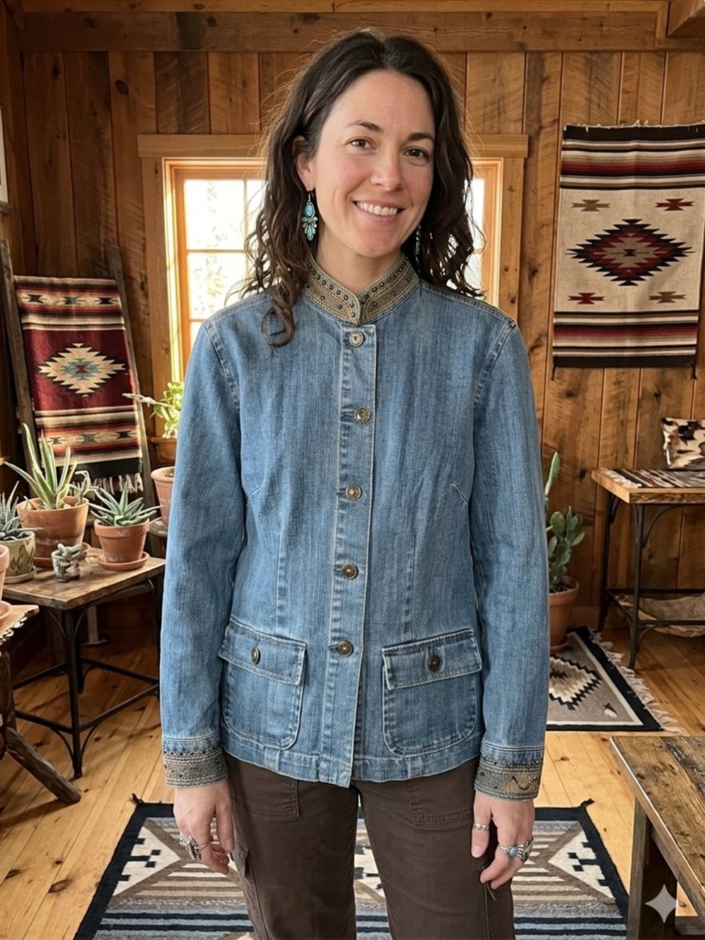 Kate Hill Casual Embroidered Studded Denim Western Aztec Blazer Boho Med Wash 4